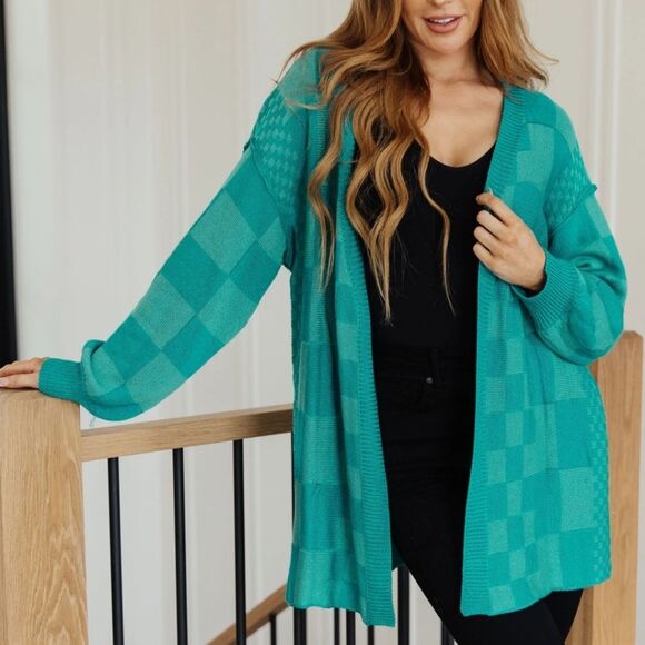 Anniewear Blue Pinky Swear Checkered Print Open Front Cardigan Sweater Top - Picture 1 of 12